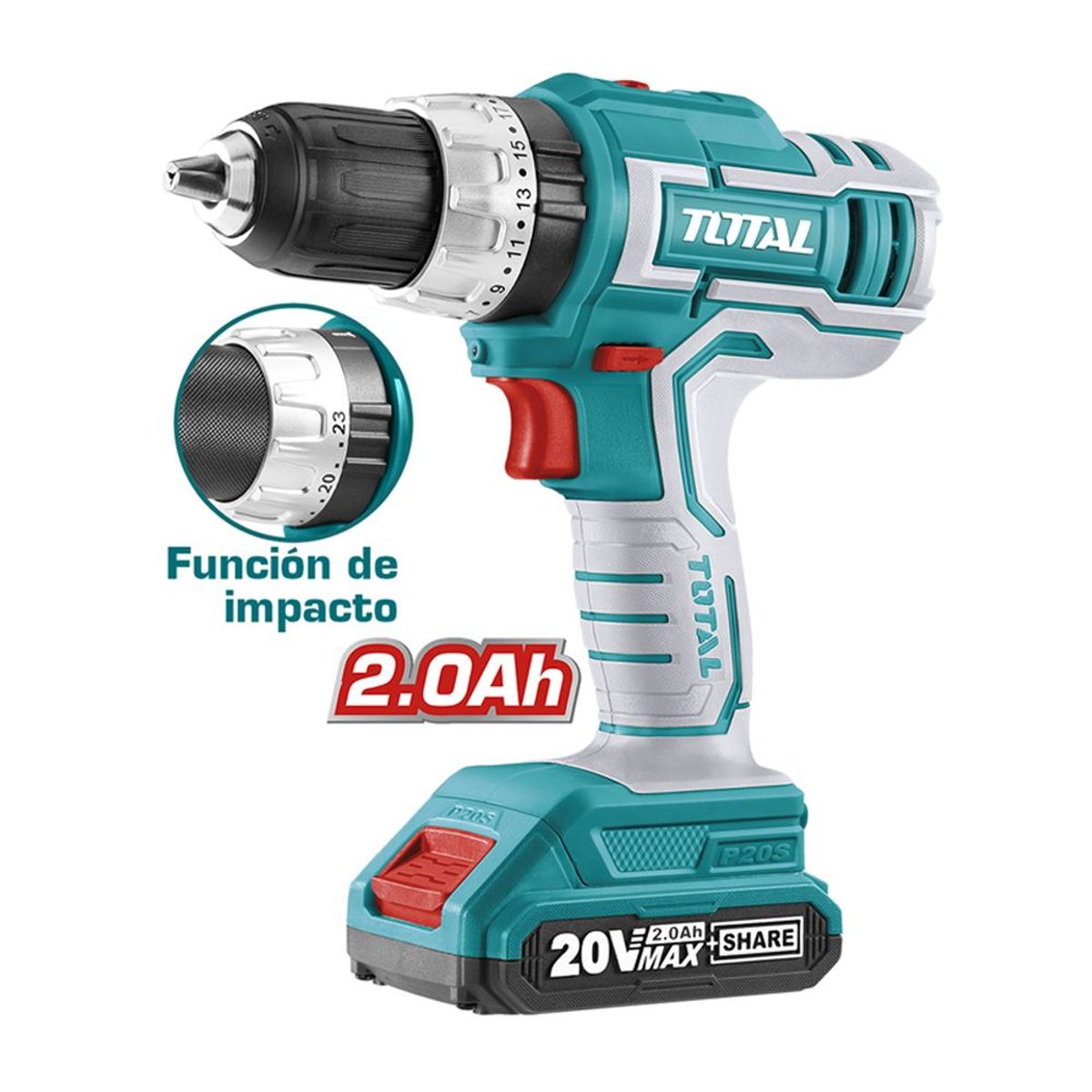 TOTAL - Taladro 1/2 Inalámbrico 20 V Percutor+50 Accesorios, Total