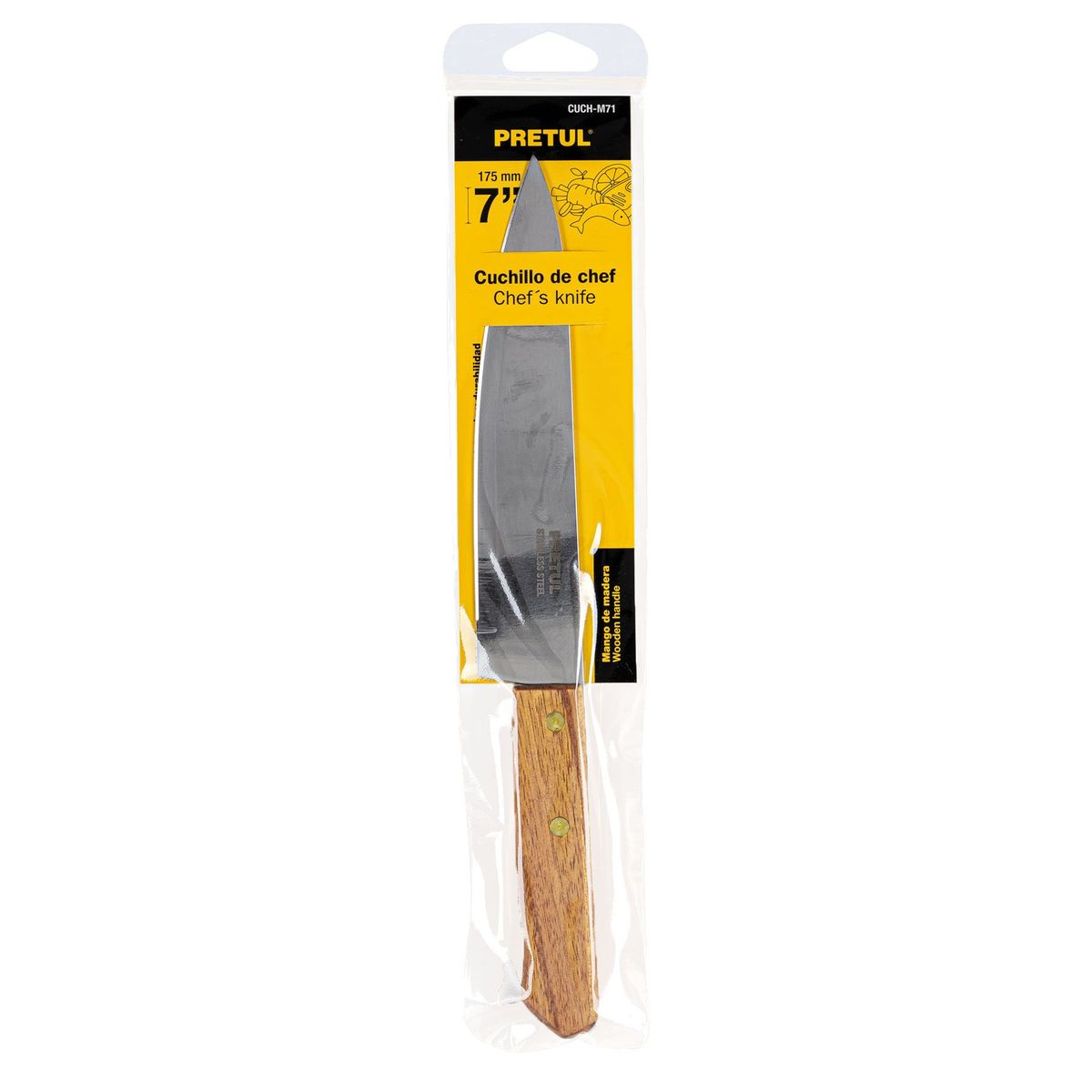 PRETUL - Cuchillo De Cocina De 7" (18 Cm) Tipo Chef, Mango De Madera Pretul