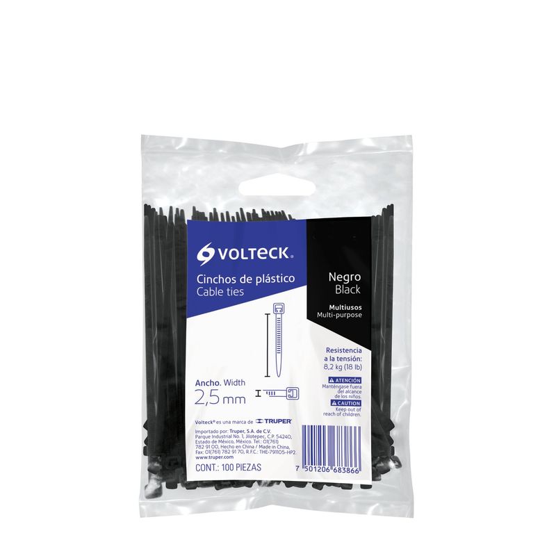 VOLTECK - 100 Amarres Plásticos De 20 Cm, Tensión 18 Lb, Color Negro Volteck
