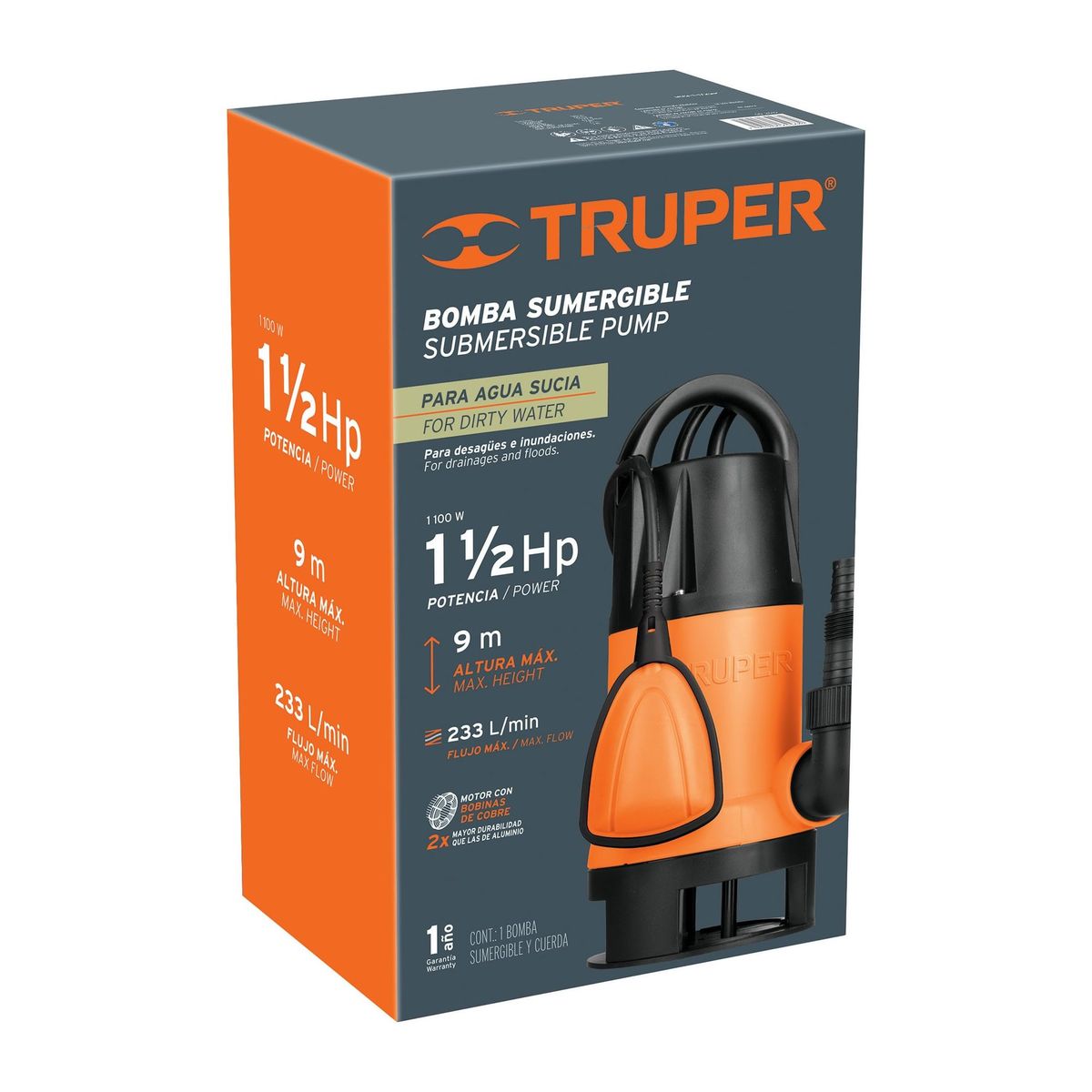 TRUPER - Bomba Sumergible De 1.1/2 Hp Para Agua Sucia Y Limpia Truper