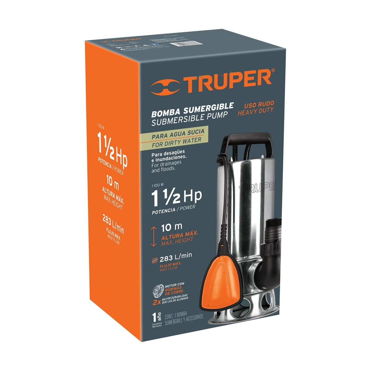 TRUPER - Bomba Sumergible Acero Inoxidable 1.1/2 Hp Para Agua Sucia Truper
