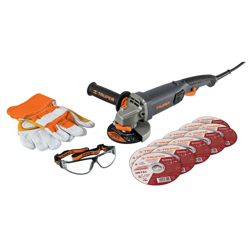 TRUPER - Combo De Pulidora 4.1/2", 950 W, 11 Discos, Guantes Y Gafas Truper