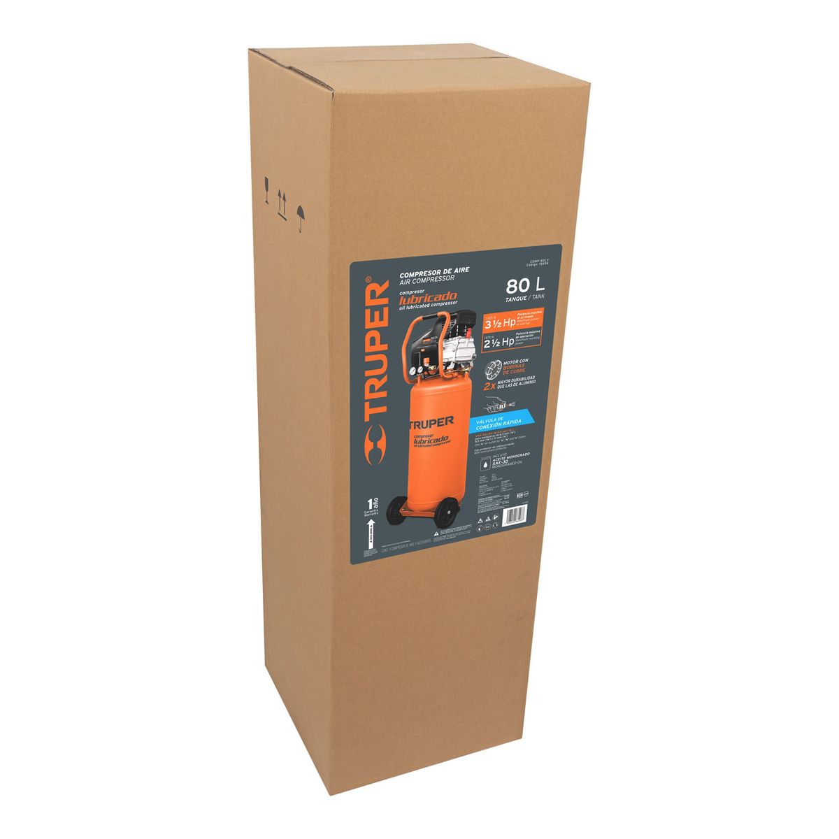 TRUPER - Compresor Vertical Lubricado De 80 Litros, 120 V Y 3.1/2 Hp Truper