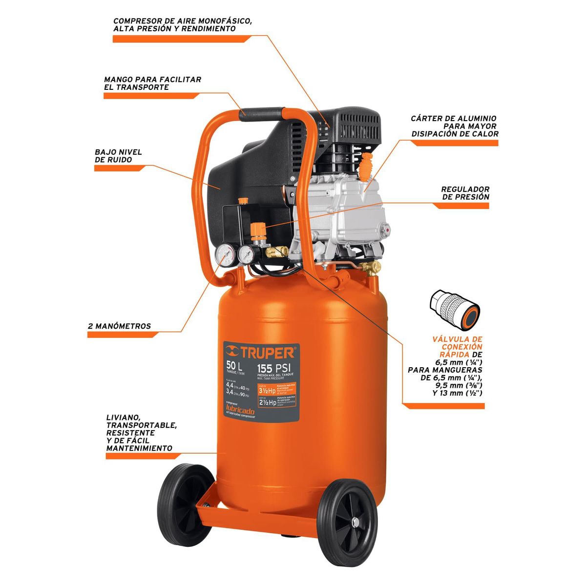 TRUPER - Compresor Vertical Lubricado De 50 Litros, 120 V Y 3.1/2 Hp Truper