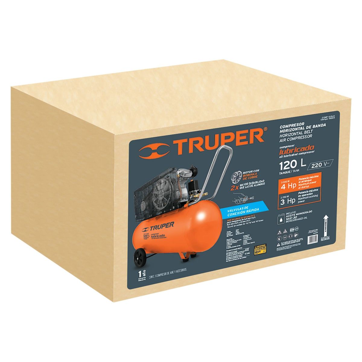 TRUPER - Compresor Horizontal De Banda, 120 L, 4 Hp Y Motor En Cobre Truper