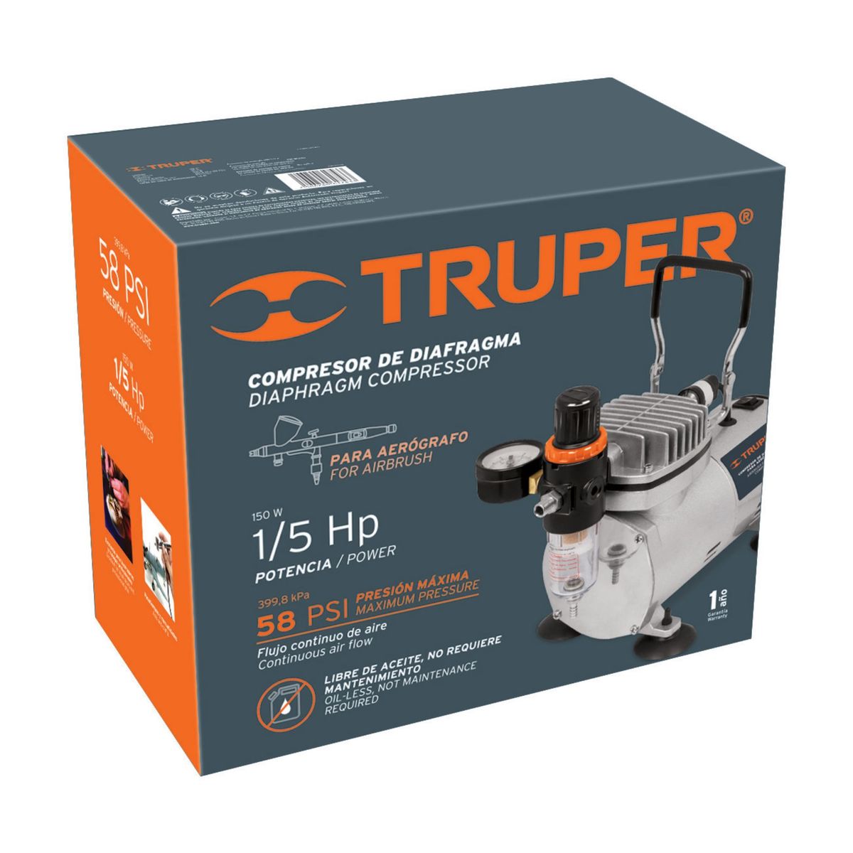 TRUPER - Compresor De Diafragma De 150 W Para Usar Con Aerógrafo Truper