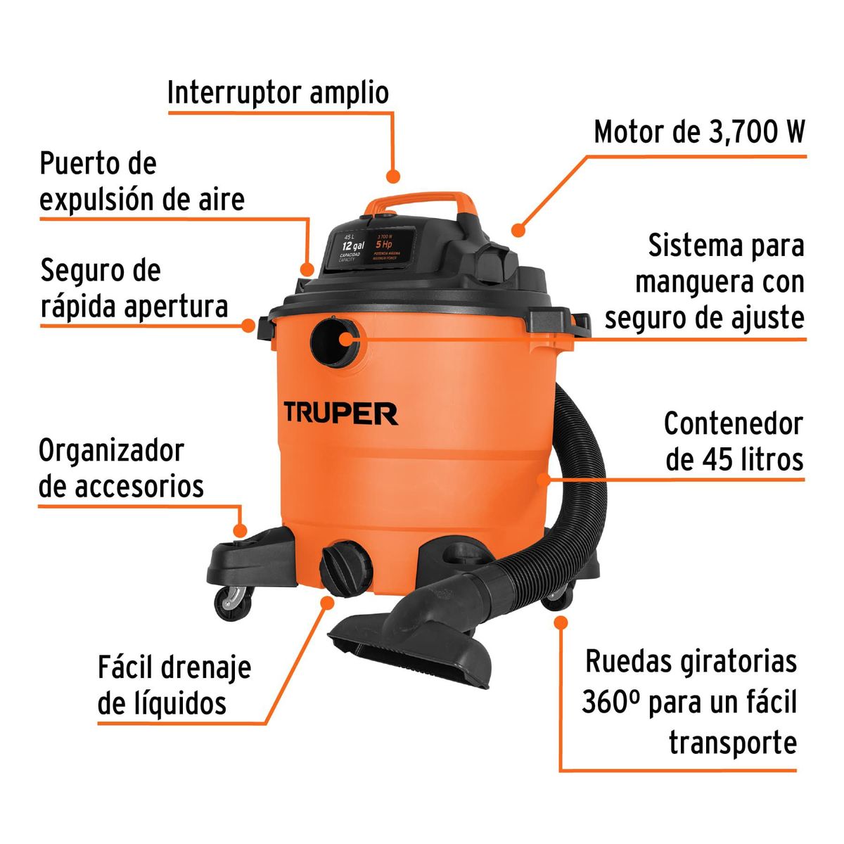 TRUPER - Aspiradora Sopladora 3.700 W De 45 L Para Sólidos Y Líquidos Truper
