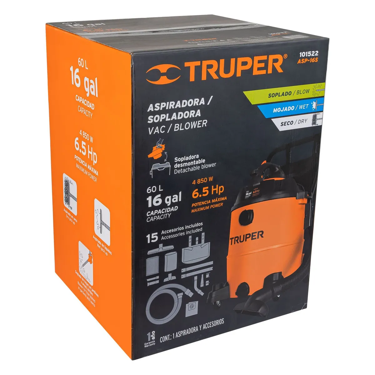 TRUPER - Aspiradora Y Sopladora De 16 Galones Para Sólidos Y Líquidos Truper
