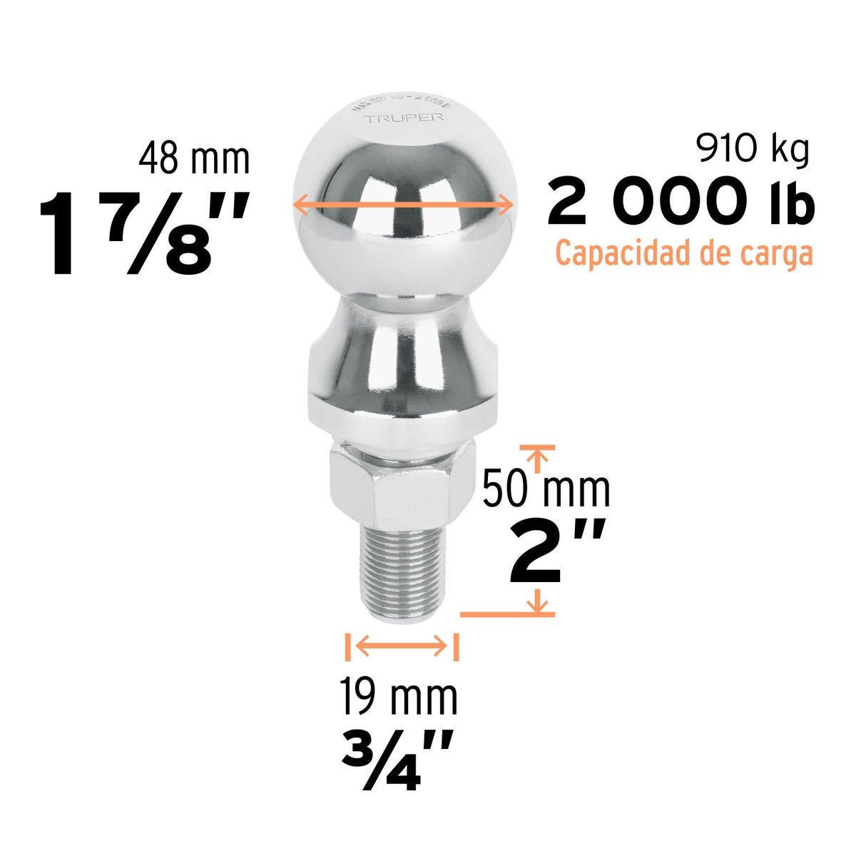TRUPER - Bola De Arrastre Cromada Para Acoplador, 2.000 Libras Truper
