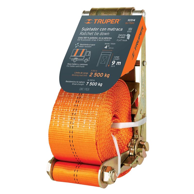 TRUPER - Eslinga Con Ratchet De 7.500 Kg, 9 Metros Con Gancho Plano Truper