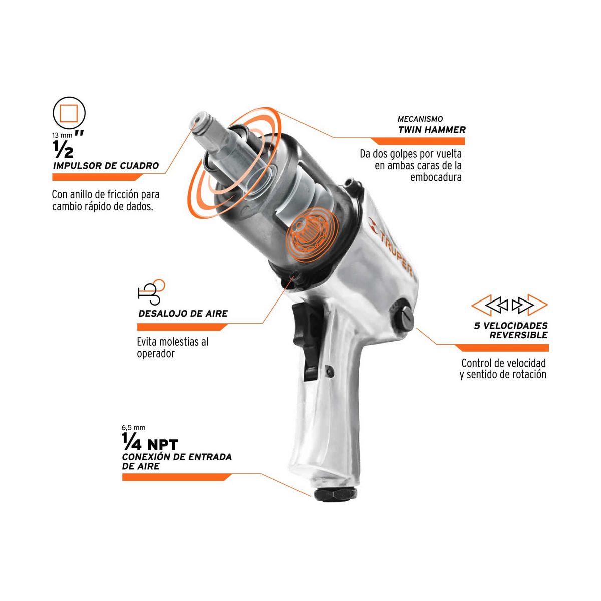 TRUPER - Pistola De Impacto Industrial De 1/2", Accesorios Incluidos Truper