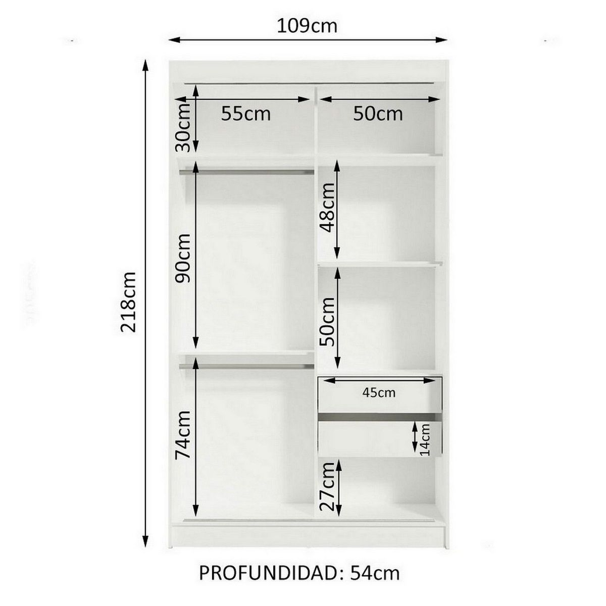 MADESA - Clóset Tokio 2 Puertas Corredizas 1 Espejo Blanco 218 cm x 109 cm x 54 cm