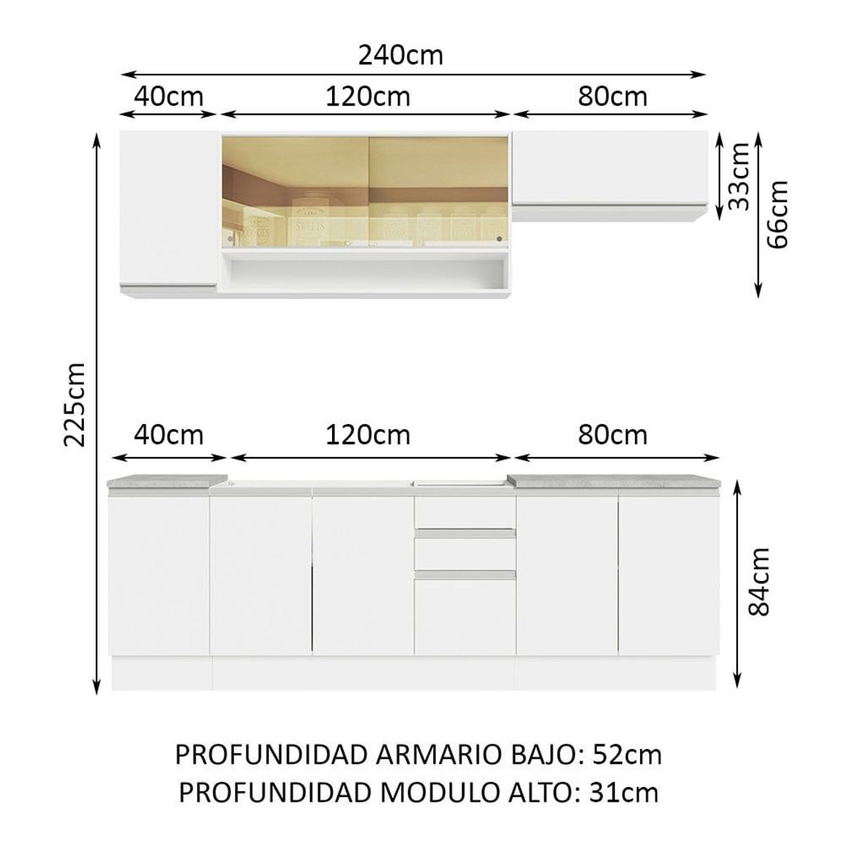 MADESA - Cocina Integral Glamy 2.40 m con Mesón de Acero Blanco 03