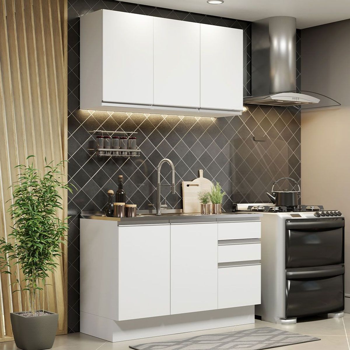 MADESA - Cocina Integral Glamy 1.20 m con Mesón de Acero Blanco 01