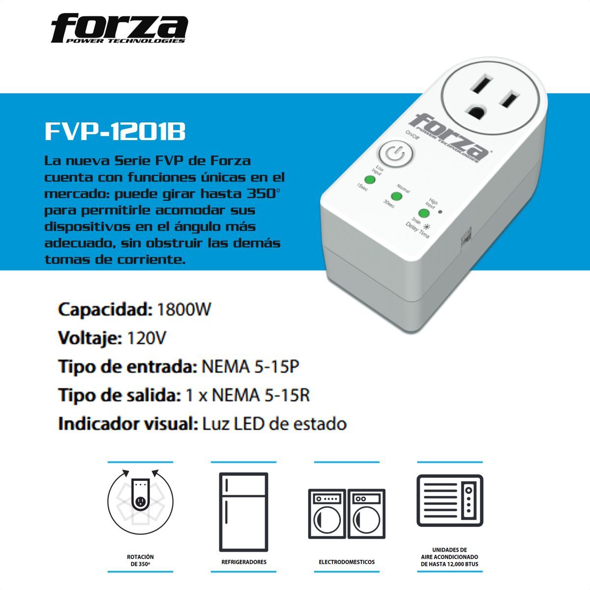 FORZA - Protector De Voltaje 110 120V Forza FVP-1201B Zion-2K10