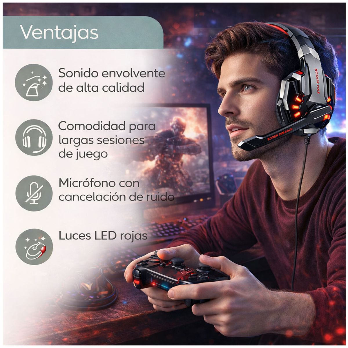 KOTION EACH - Audifono Diadema Gamer Kotion G9000 Rojo