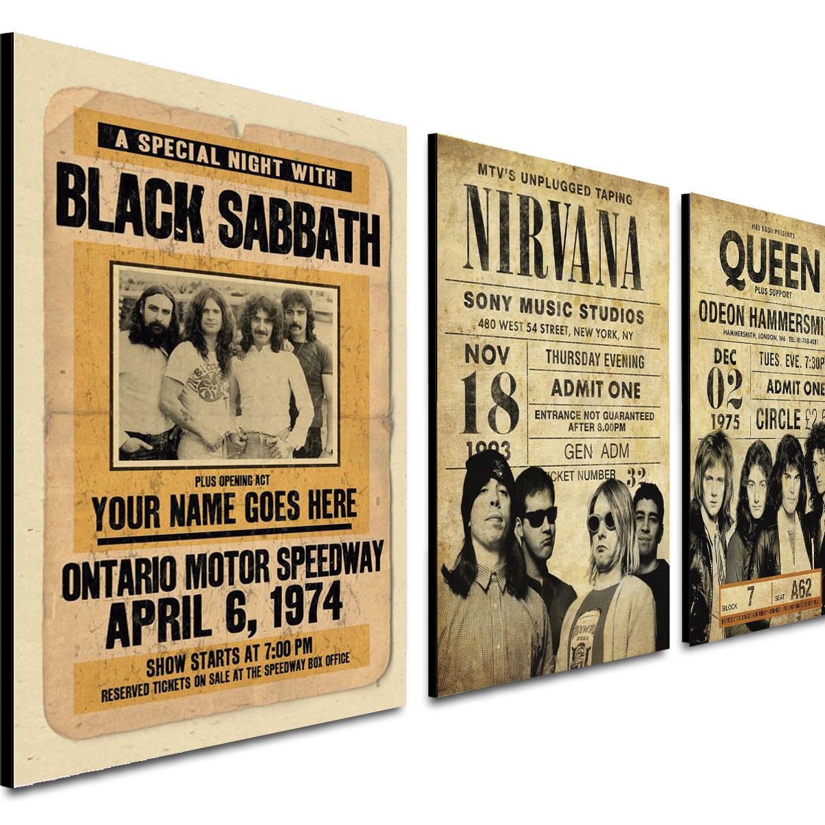 ART INDUSTRY - Triptico 60x25 Cms Decorativo Black Sabath Nirvana Queen