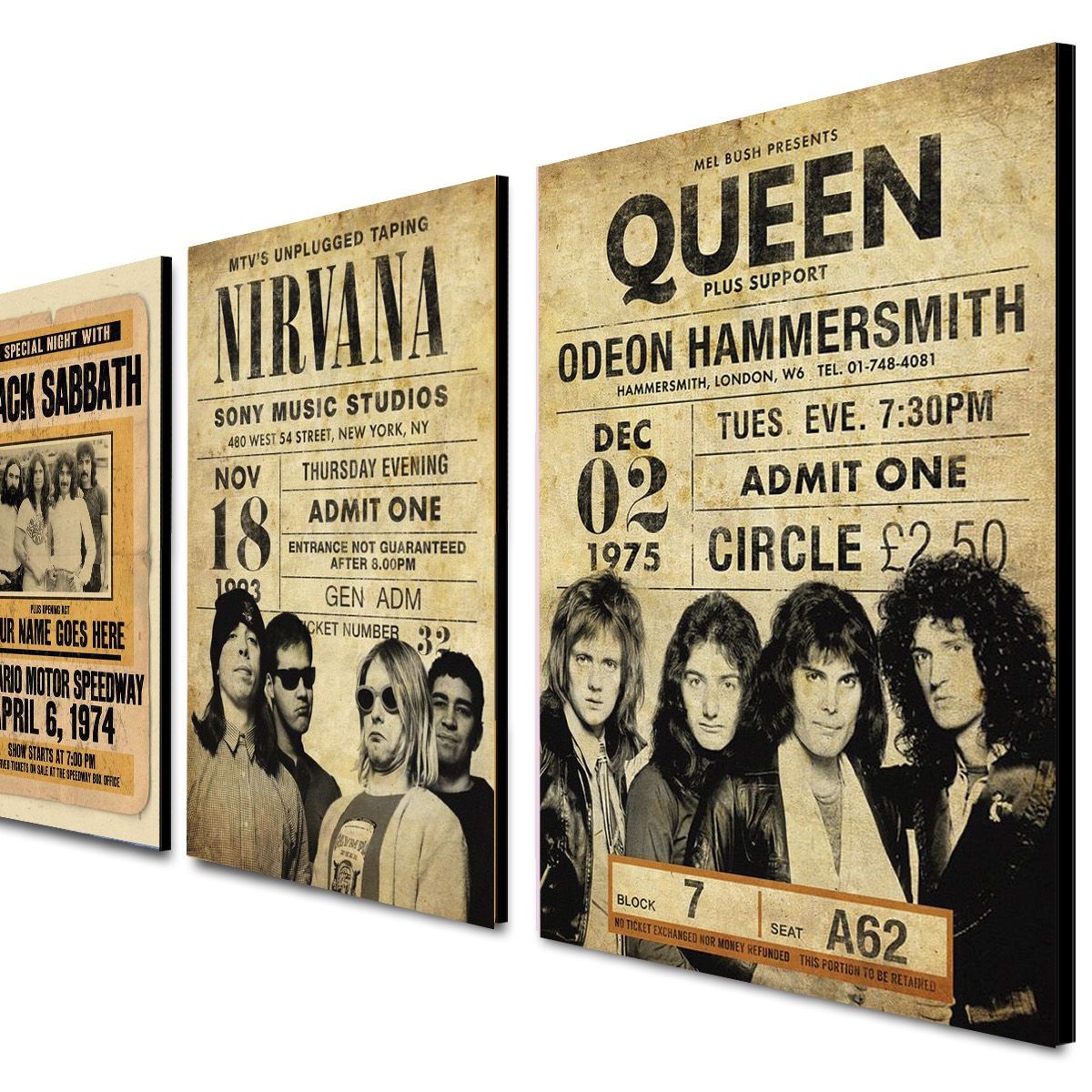 ART INDUSTRY - Triptico 60x25 Cms Decorativo Black Sabath Nirvana Queen