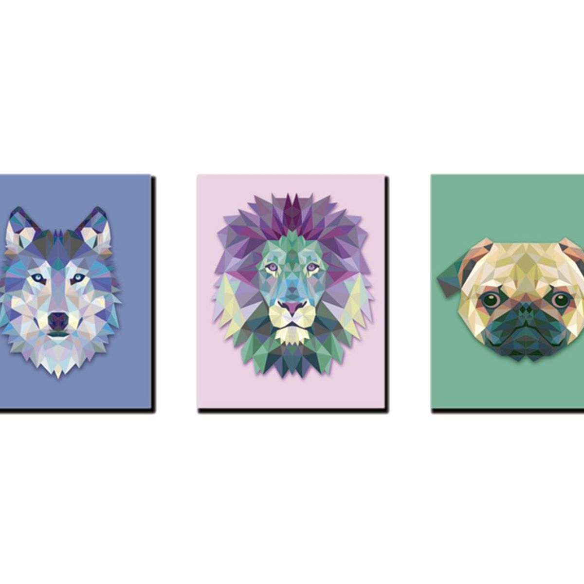 ART INDUSTRY - Triptico 60x25 Cms Decorativo PoliArt Animales 6 - Lobo, Leon, Perro