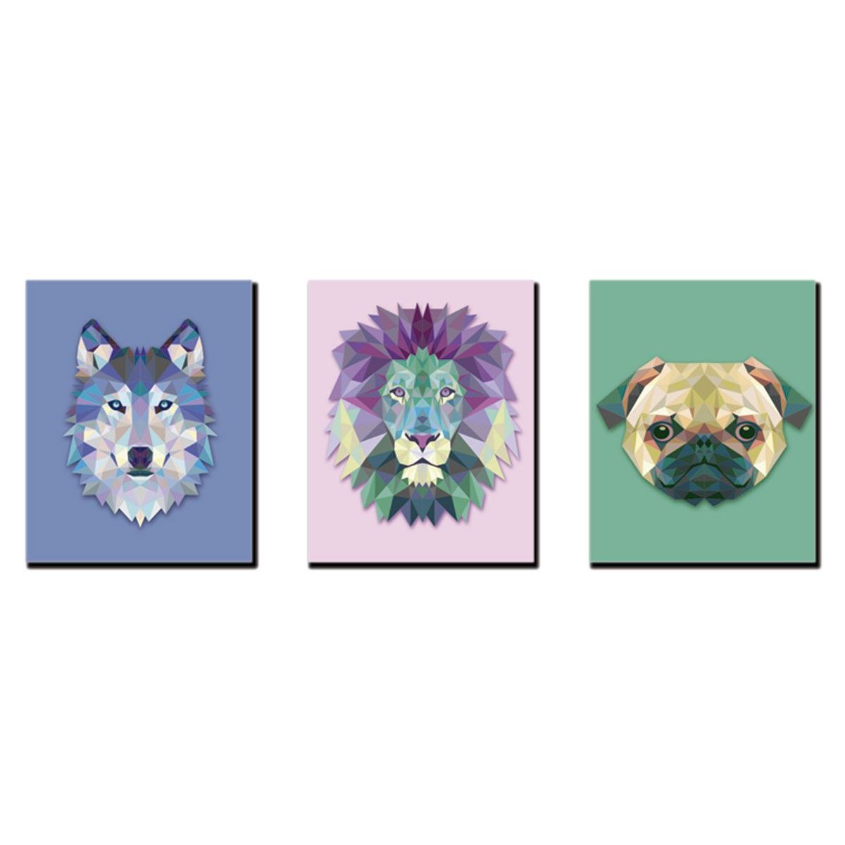 ART INDUSTRY - Triptico 60x25 Cms Decorativo PoliArt Animales 6 - Lobo, Leon, Perro
