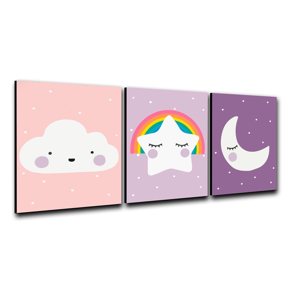 ART INDUSTRY - Tríptico Cuadros Niños 40x30cms Set 28 Nube Luna Estrella Madera ART Industry