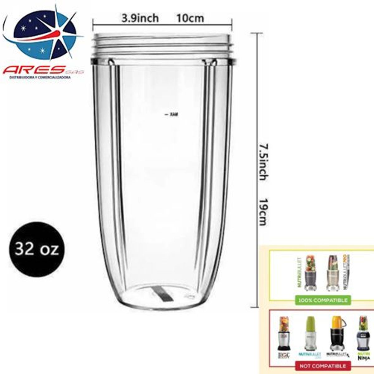 ARES - Vaso De 32 Oz Para Nutribullet De 600w - 900w
