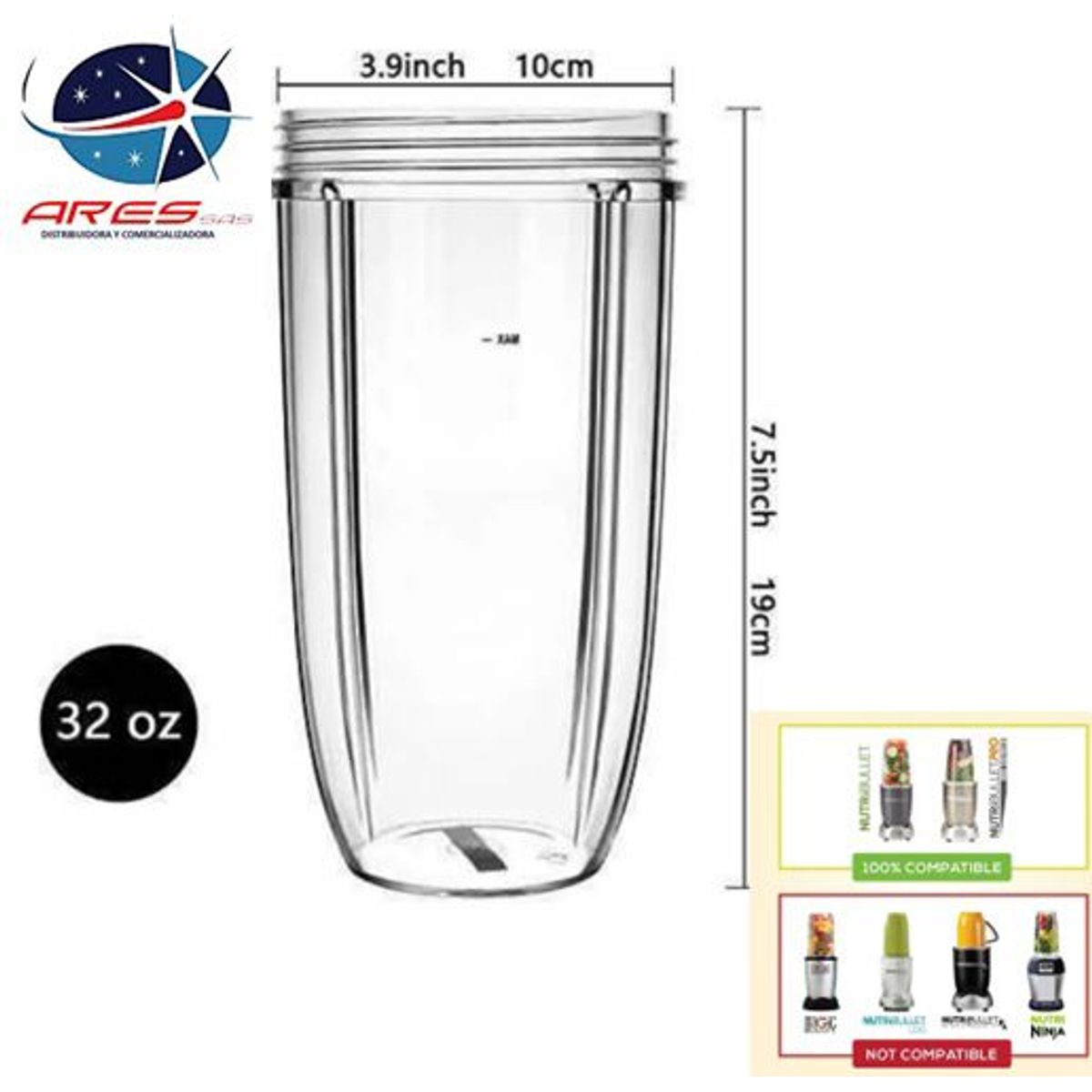 ARES - Vaso De 32 Oz Para Nutribullet De 600w - 900w