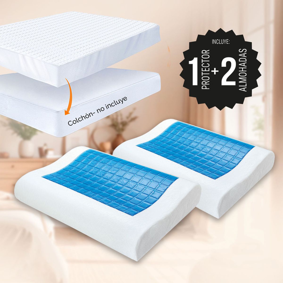 ENERGY PLUS - Combo Protector colchón Algodón sencillo 2 Almohadas Gel Ortopédica