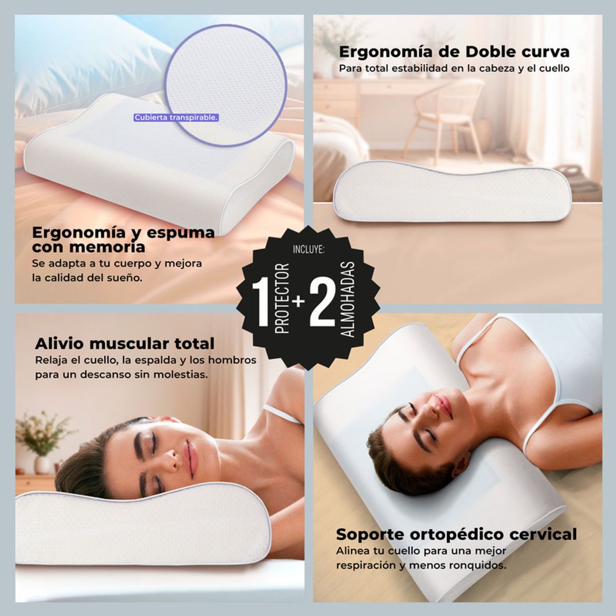 ENERGY PLUS - Combo Protector colchón Algodón sencillo 2 Almohadas Gel Ortopédica