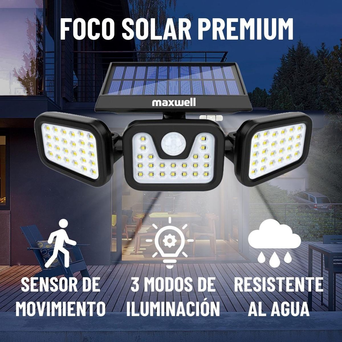 MAXWELL - Lampara Solar Led Exterior Maxwell Sensor Movimiento 3 Direc