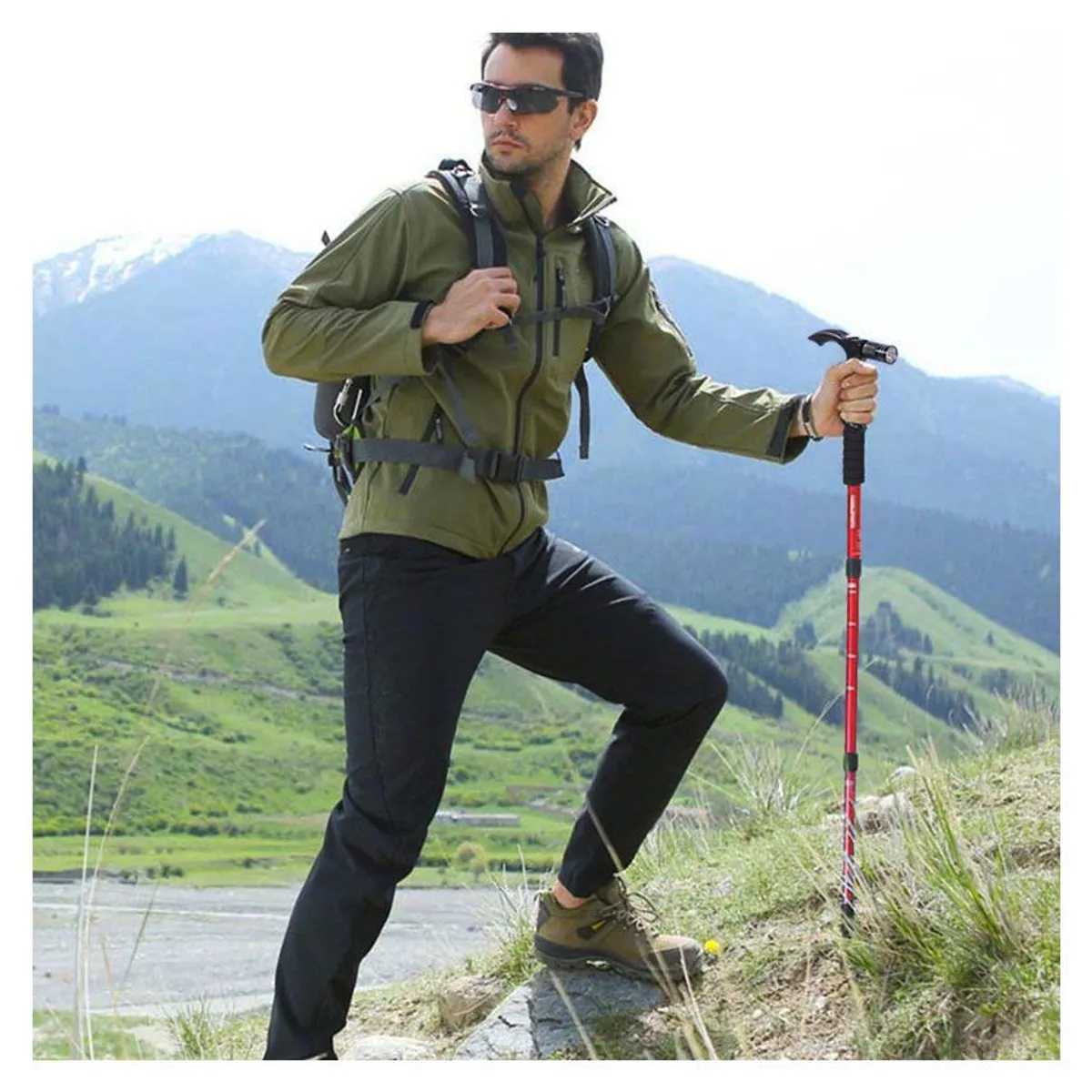 COMPRALOENCASA COM - Bastón trekking senderismo linterna ajustable Rojo AE-631