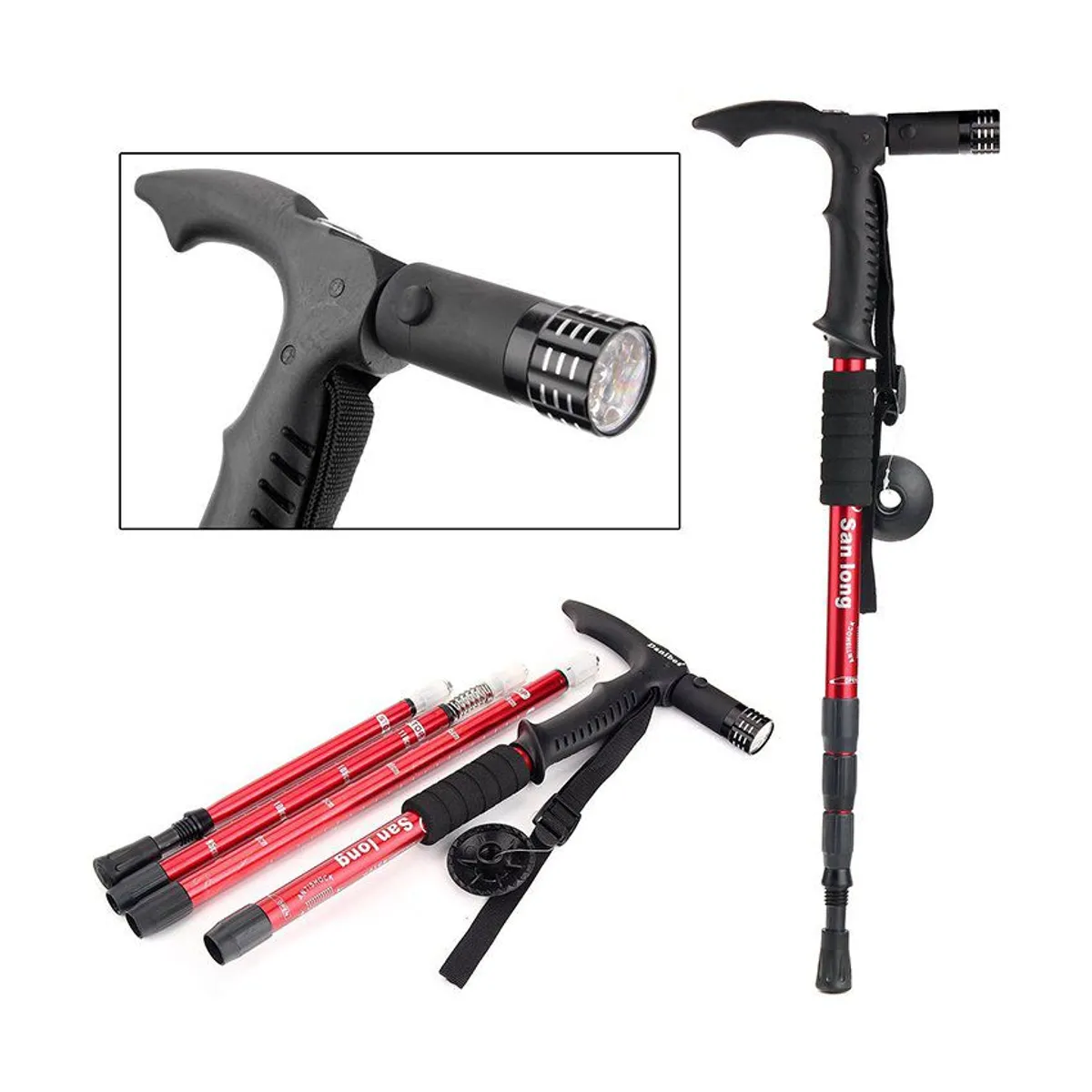 COMPRALOENCASA COM - Bastón trekking senderismo linterna ajustable Rojo AE-631