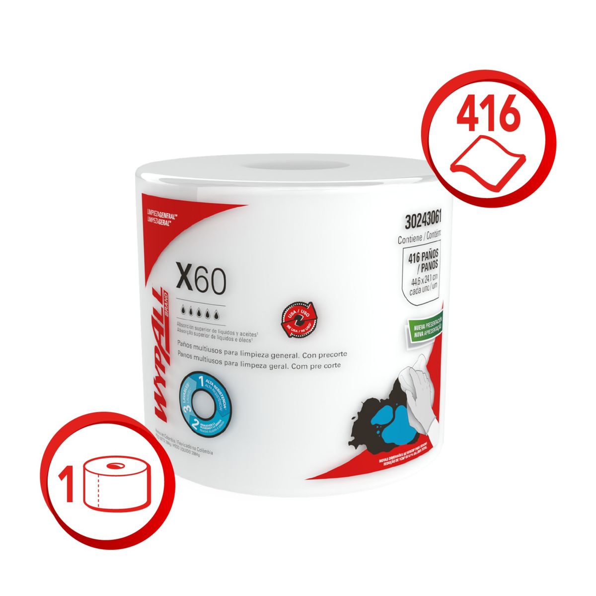 WYPALL - Paños Wypall X60 Rollo Jumbo 416 Toallas