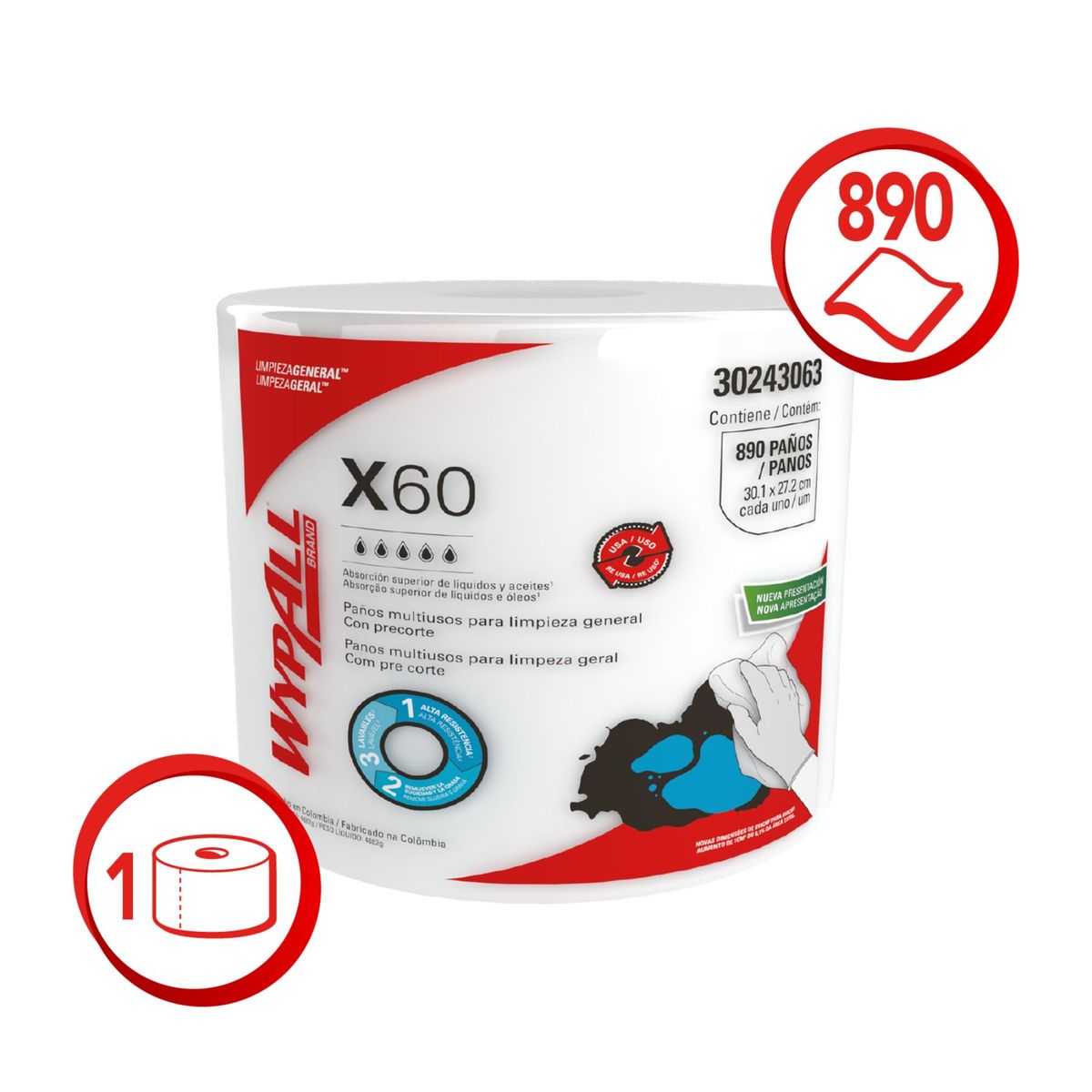 WYPALL - Paños Wypall X60 Rollo Jumbo 890 Toallas
