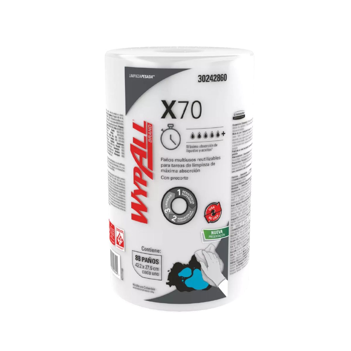 WYPALL - Paños Wypall X70 Rollo Regular Liso 88 Toallas