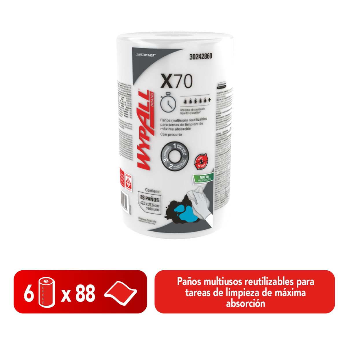 WYPALL - Paños Wypall X70 Rollo Regular Liso 88 Toallas