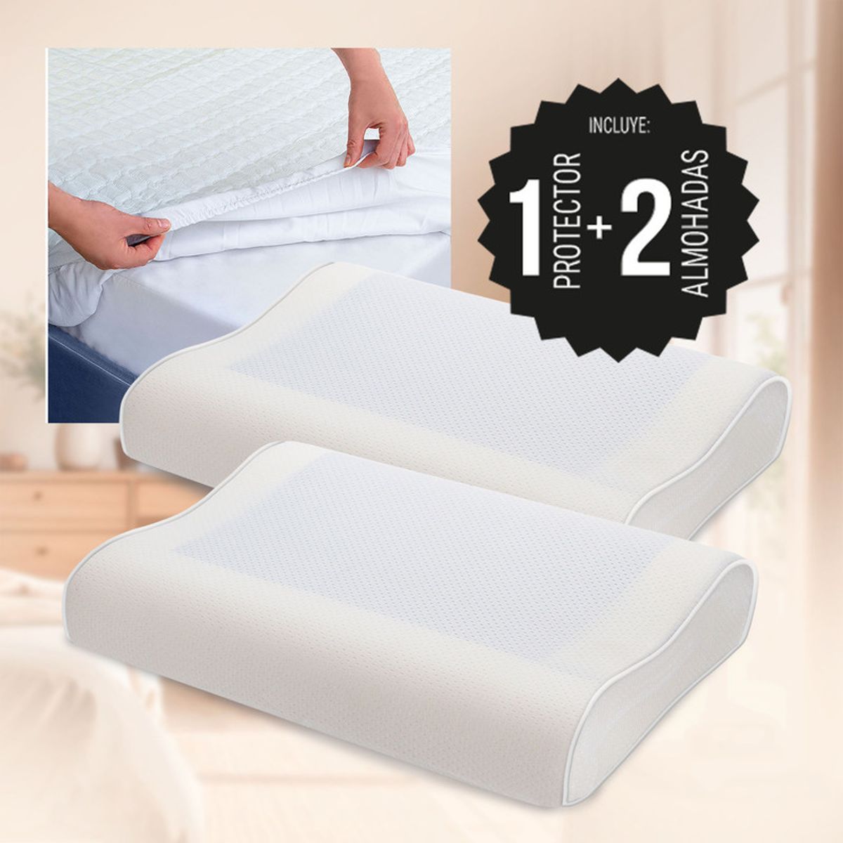 ENERGY PLUS - Combo: Protector colchón algodón Doble + 2 Almohadas Gel Ortopédica