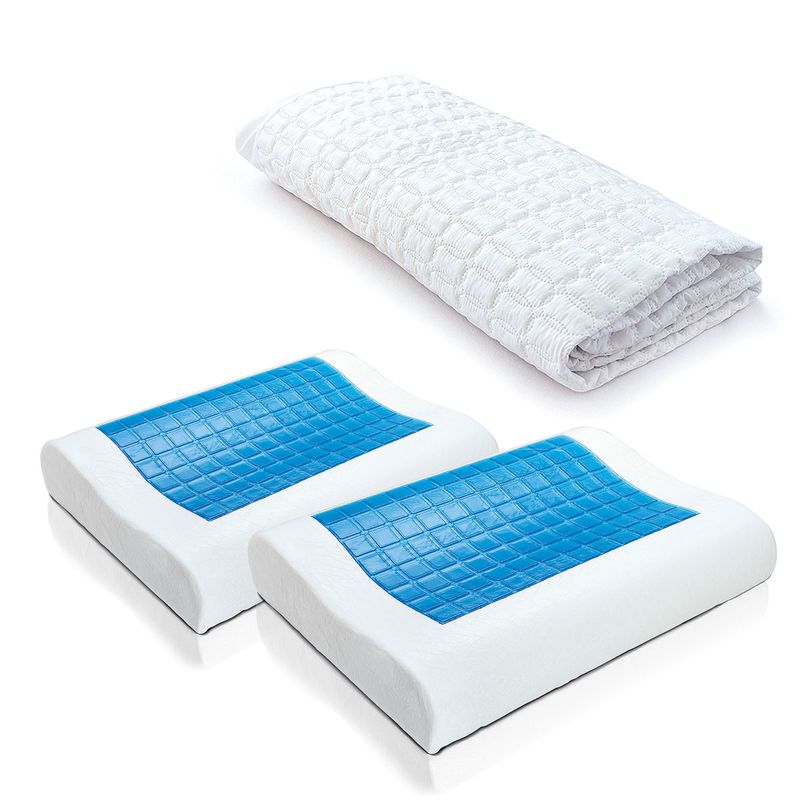 ENERGY PLUS - Combo: Protector colchón Algodón King + 2 Almohadas Gel Ortopédica