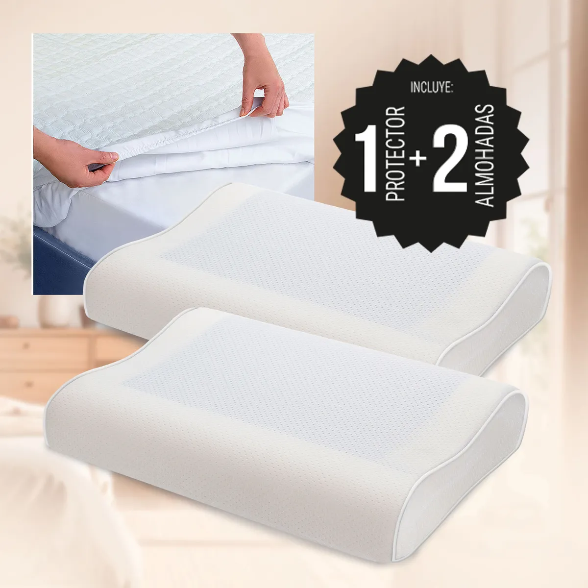 ENERGY PLUS - Combo: Protector colchón Algodón King + 2 Almohadas Gel Ortopédica
