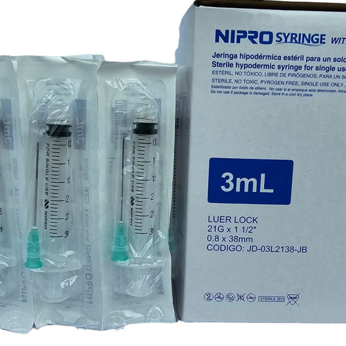 IMPORT CORPORAL MEDICAL - JERINGA DE 3ML CON AGUJA 21G X 1 1/2 DE NIPRO