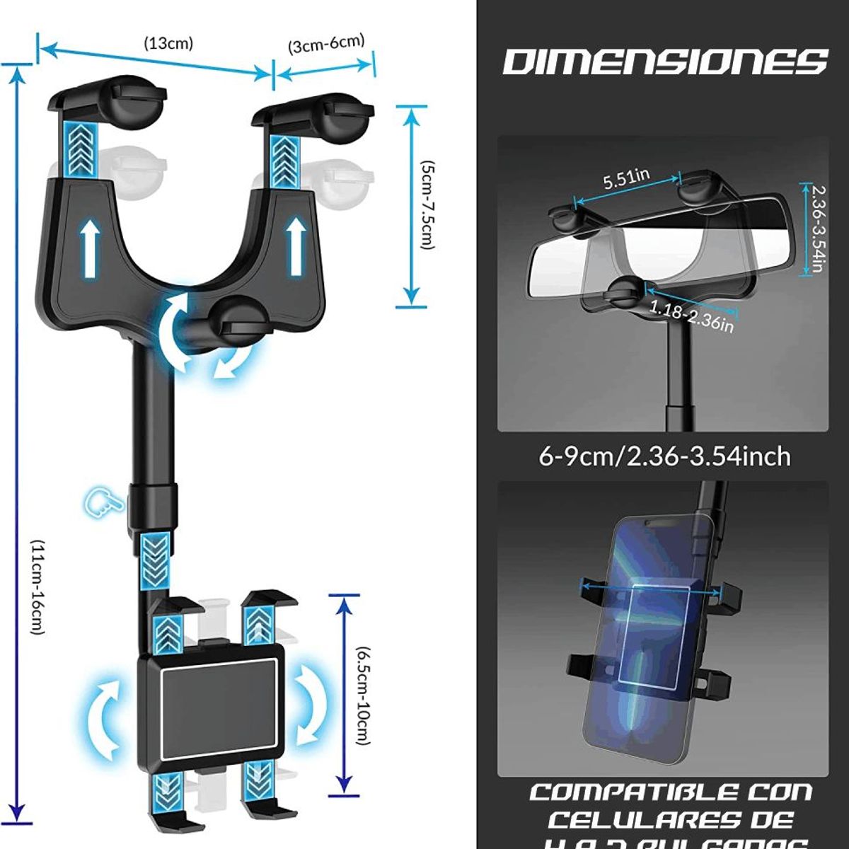 GENERICO - Soporte Holder Para Celular Retrovisor Carro Rotacion 360°