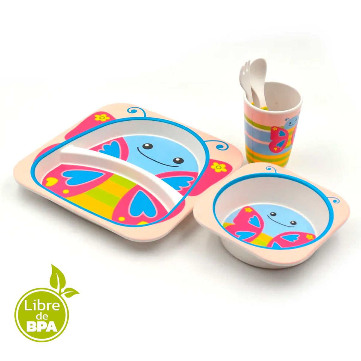 ENFANT'ASY - Set vajilla bebe niños bambú 5 pcs biodegradable Mariposa