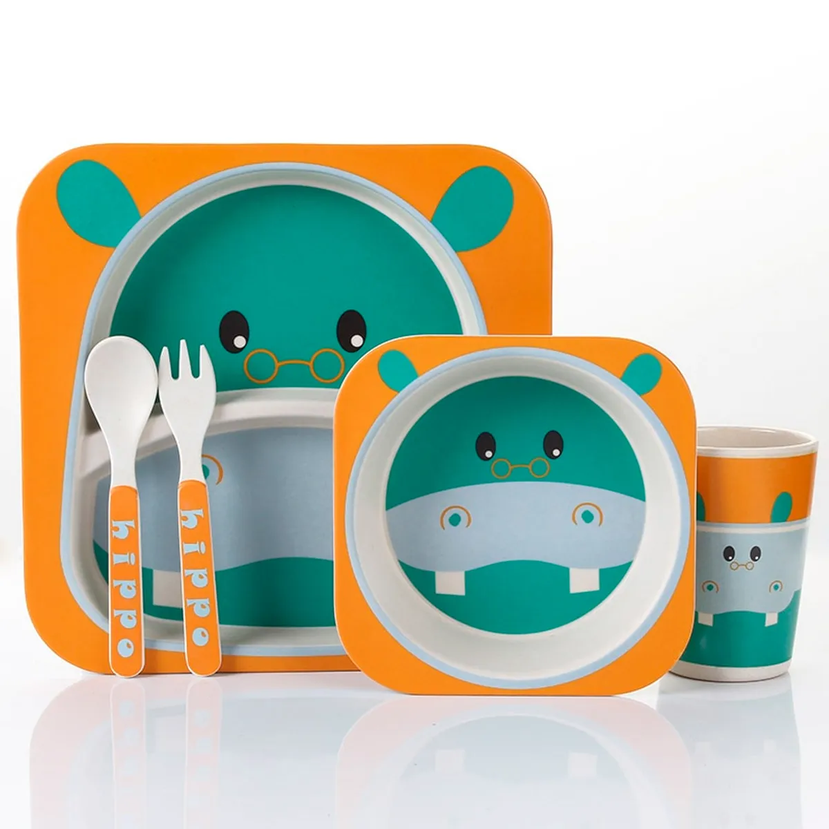 ENFANT'ASY - Vajilla bebe niños bambú 5 piezas biodegradable Hipopotamo