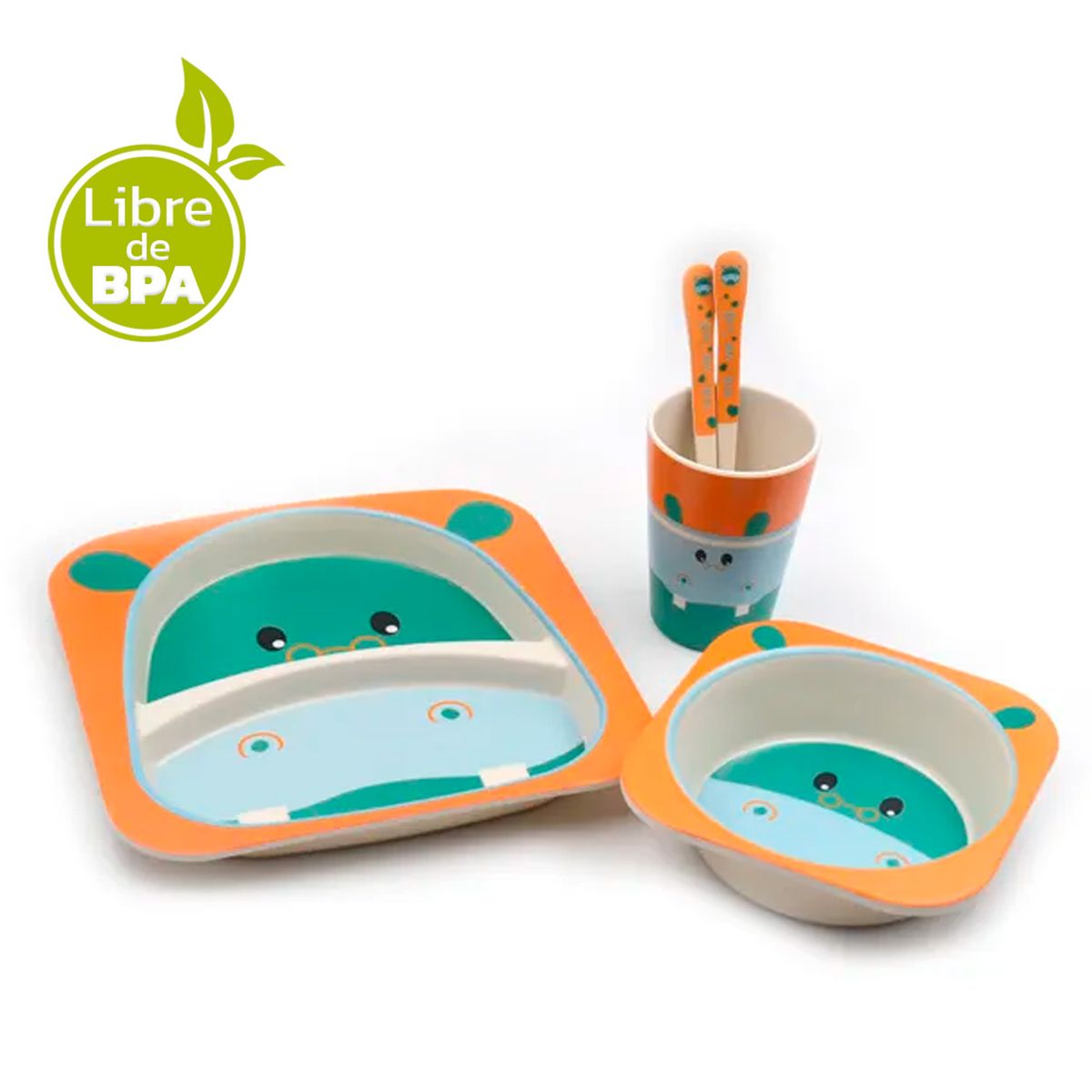ENFANT'ASY - Vajilla bebe niños bambú 5 piezas biodegradable Hipopotamo