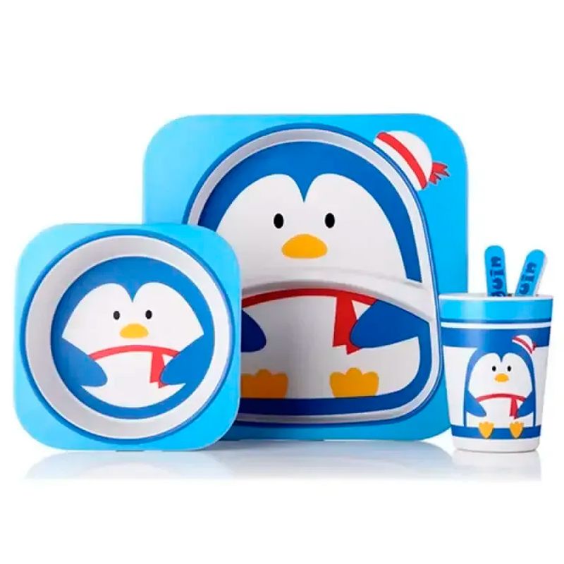 ENFANT'ASY - Set vajilla bebe niños bambú 5 piezas biodegradable PINGÜINO
