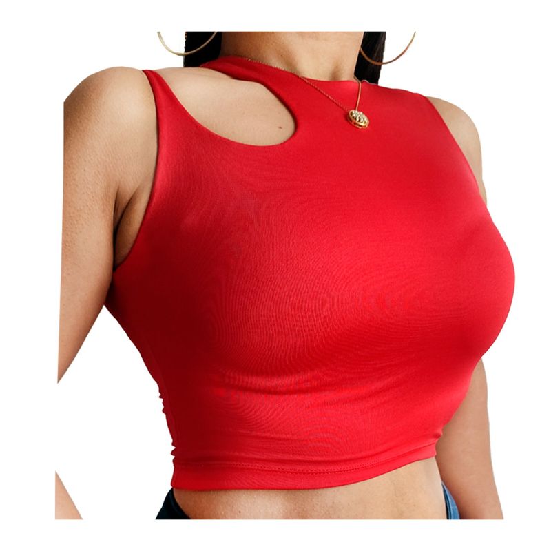 SYK - Blusa Crop Top Básica Para Mujer Unicolor Licrado Rojo Sin Mangas