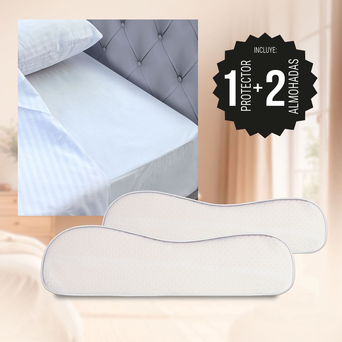 ENERGY PLUS - Combo Protector colchón Antifluido Doble 2 Almohadas Gel Ortopédica