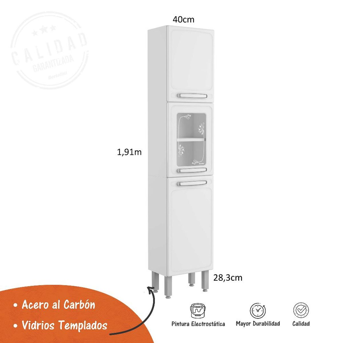 BERTOLINI - Despensa de cocina en acero 40cm 3 puertas 5 entrepaños blanco