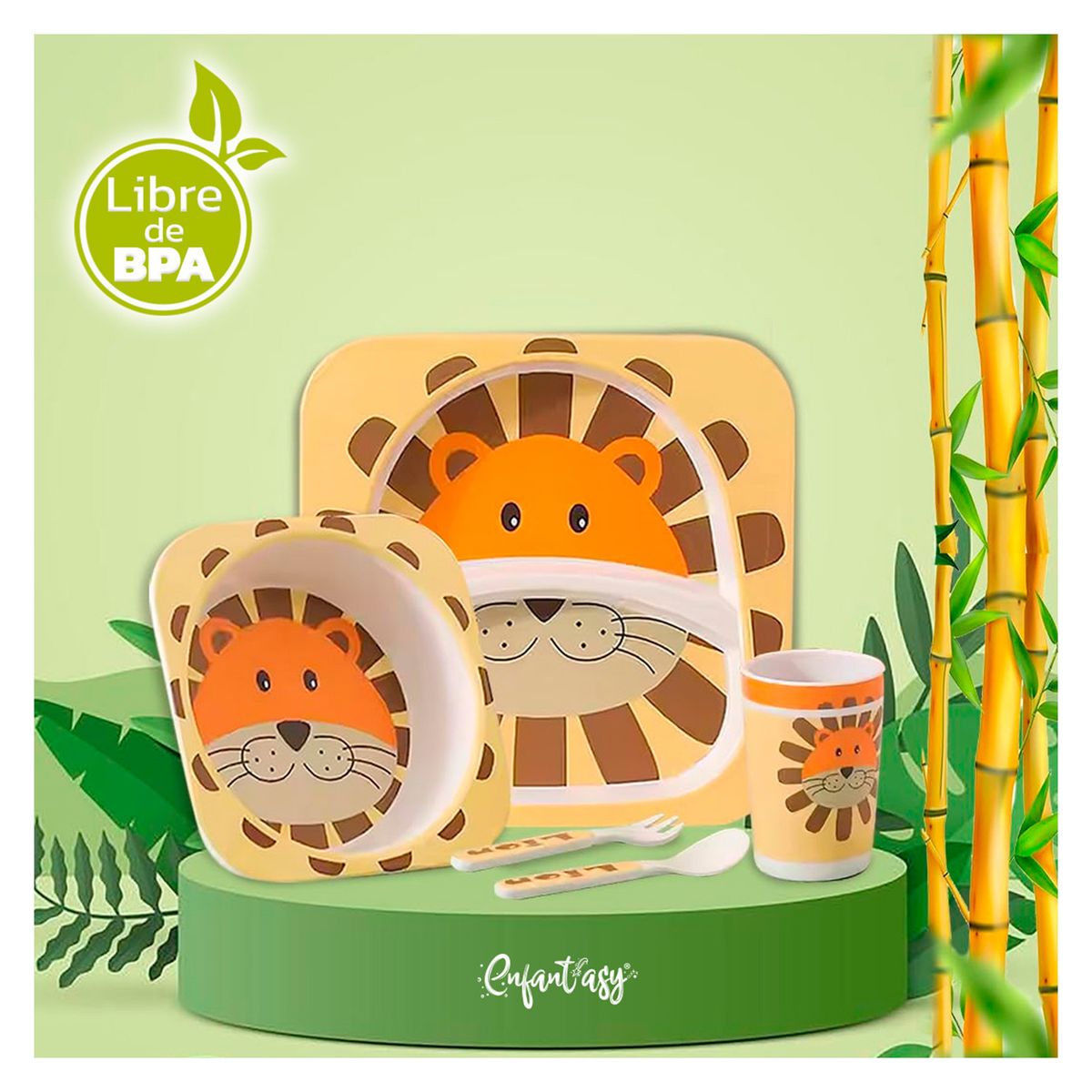 ENFANT'ASY - Set vajilla bebe niños bambú 5 pcs biodegradable León