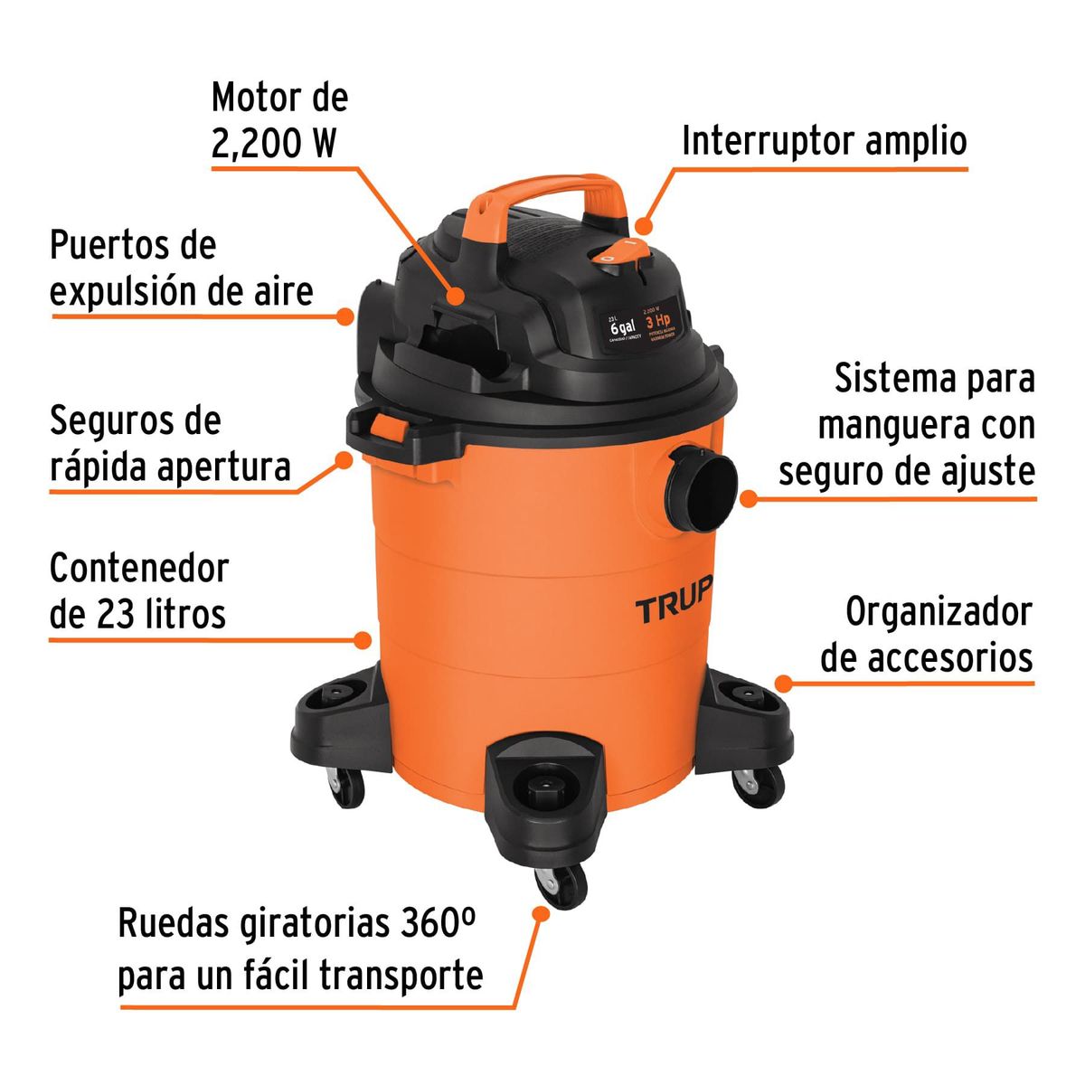 TRUPER - Aspiradora De tacho Truper ASP-06 23L naranja y negra 120V 60Hz